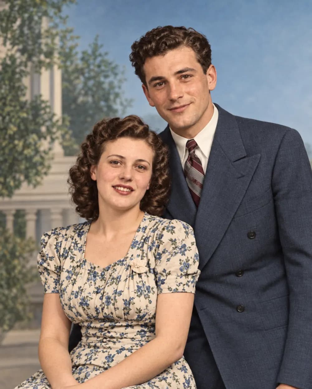 Old photo restoration result: a scratched, faded family portrait repaired and colorized