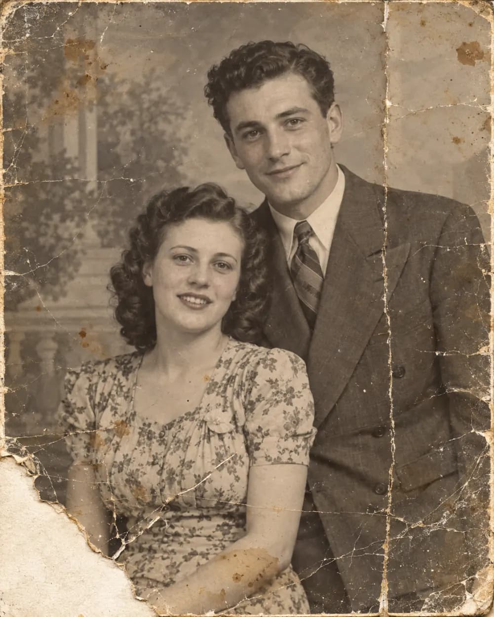 Before: Old photo restoration result: a scratched, faded family portrait repaired and colorized