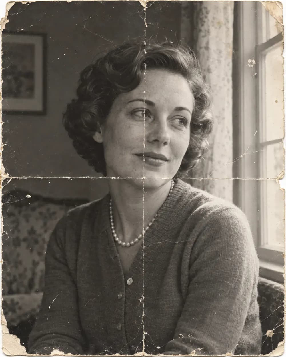 Before: Creased black and white photo repaired and kept in black and white