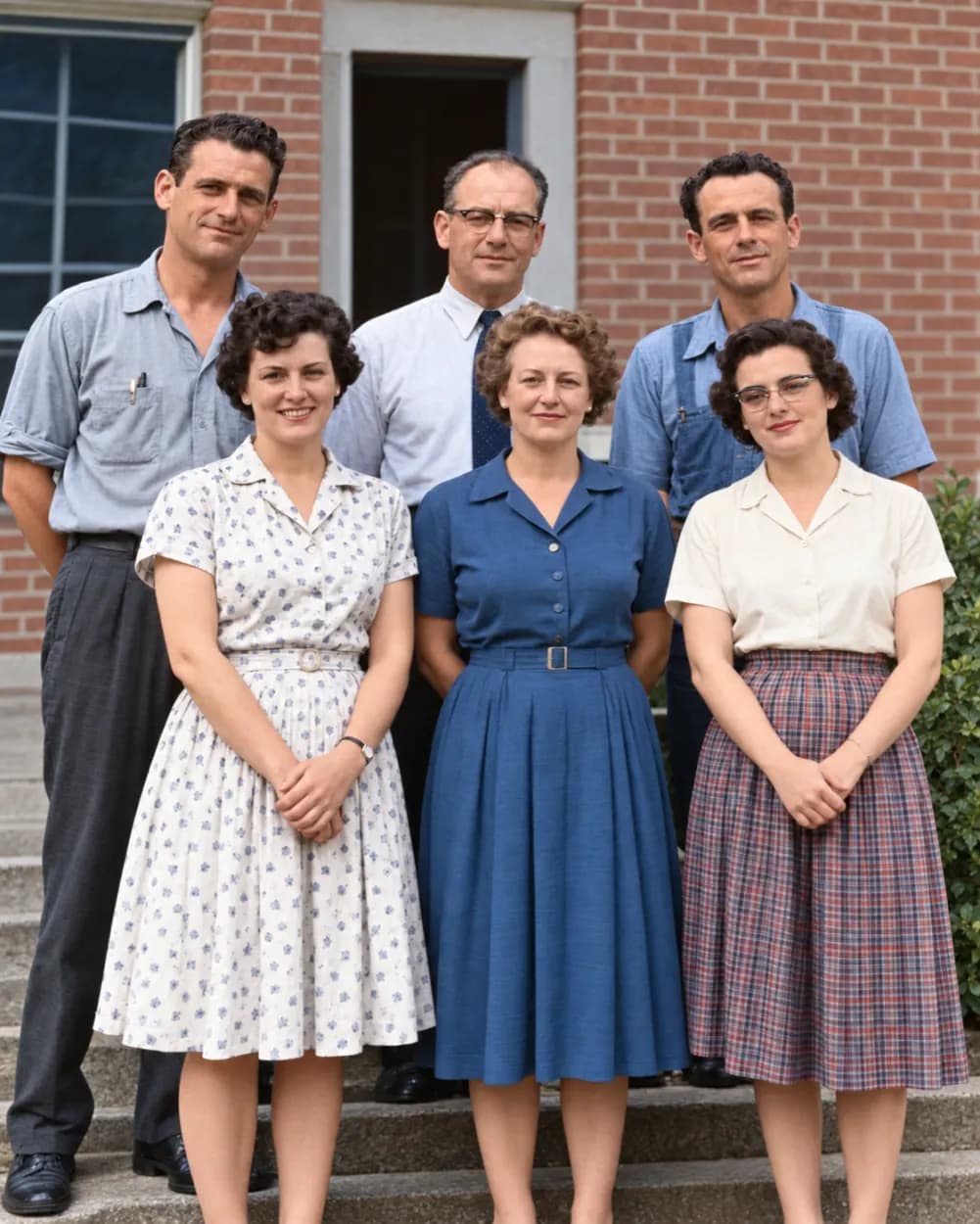Old school group photo with a water-stained corner cleaned up and colorized