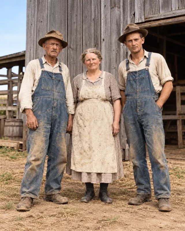 Restored 1930s family portrait in front of a farmhouse, creases and stains removed