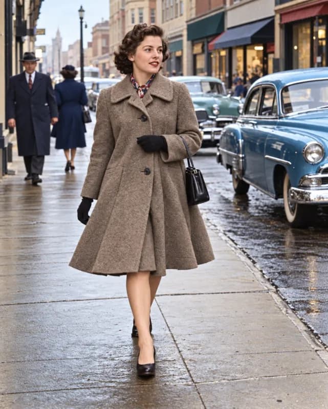 Restored 1950s street photo with passers-by, noise reduced and detail sharpened