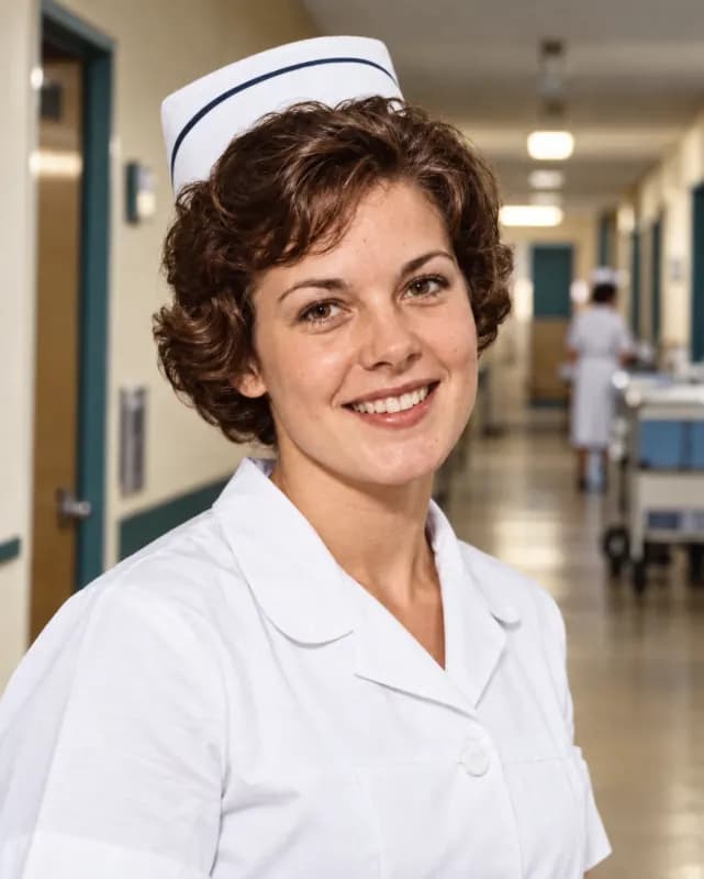Restored 1960s photo of a young nurse in a white uniform and cap, black and white repaired and colorized
