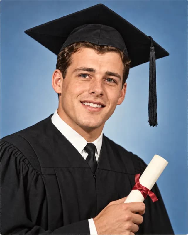 Restored 1960s university graduation portrait with cap, gown and diploma held in hand, now in color
