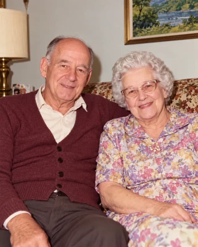 Restored portrait of grandparents seated together, scratches repaired and color added