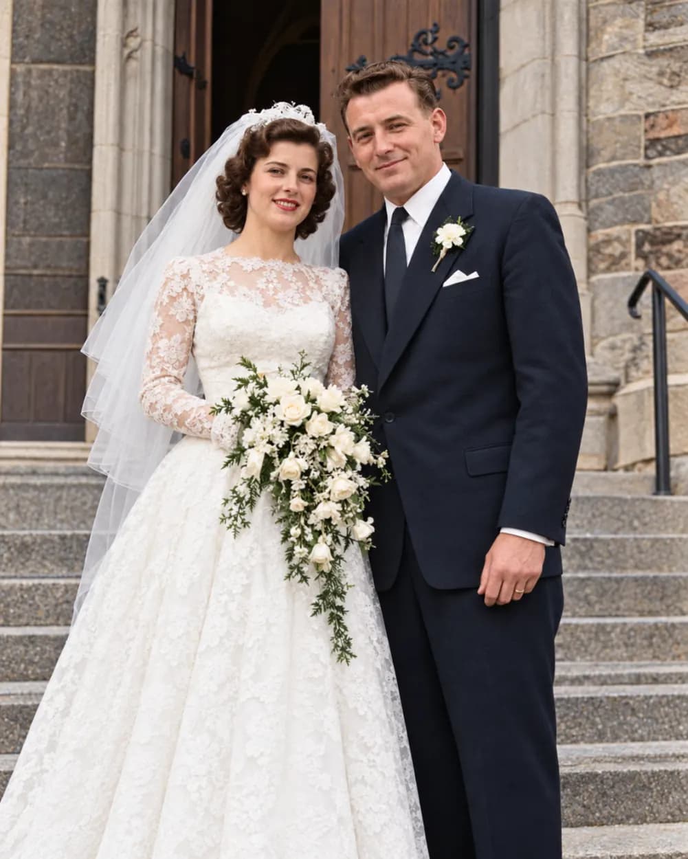 Old photo restoration: a torn 1950s wedding portrait with white creases repaired and colorized