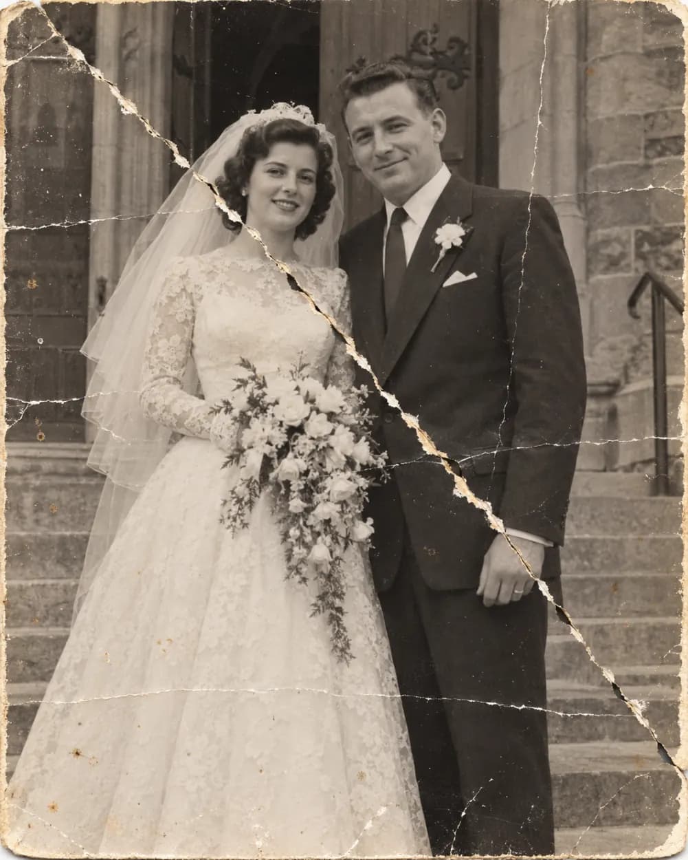Before: Old photo restoration: a torn 1950s wedding portrait with white creases repaired and colorized